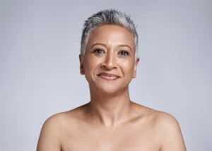 Beautiful older woman with short grey hair